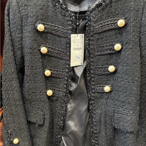 Zara Black Textured Tweed Jacket pearl Accents
